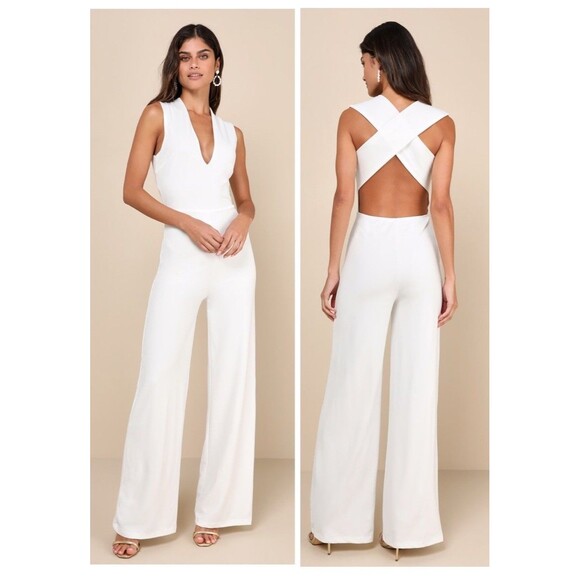 Lulus Thinking Out Loud White Backless Jumpsuit Size Small Bridal Bachelorette - Picture 1 of 7